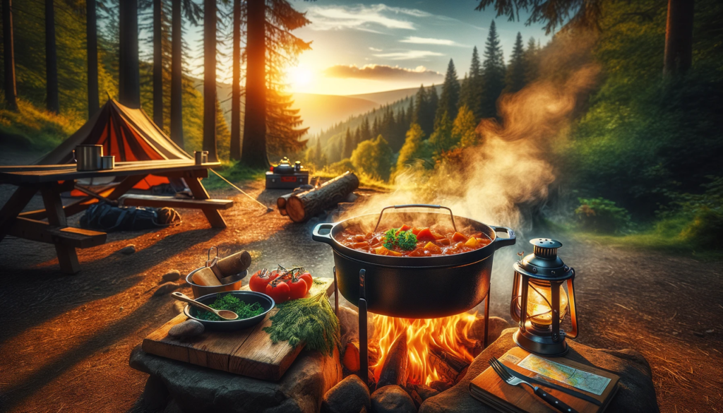 DALL·E 2023 11 13 12.51.10 A rustic camping setting featuring a Dutch oven over a campfire surrounded by natural scenery. The Dutch oven is open revealing a delicious hearty s